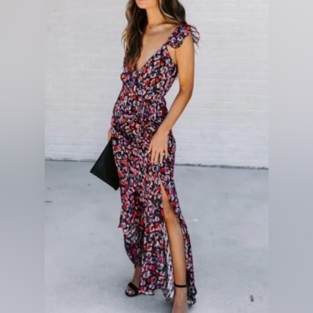 Layered With Love floral maxi dress asymmetrical hem side slit flutter sleeve M